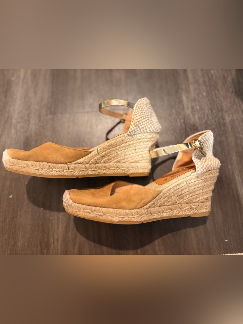 kanna Tan Espadrille Wedge Sandals with Gold Ankle Strap
